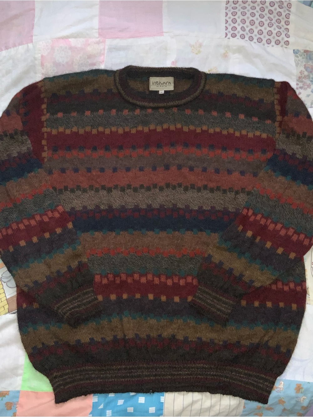 intiwara alpaca knit crewneck sweater soft non ichy‎ colourful 100% wool L